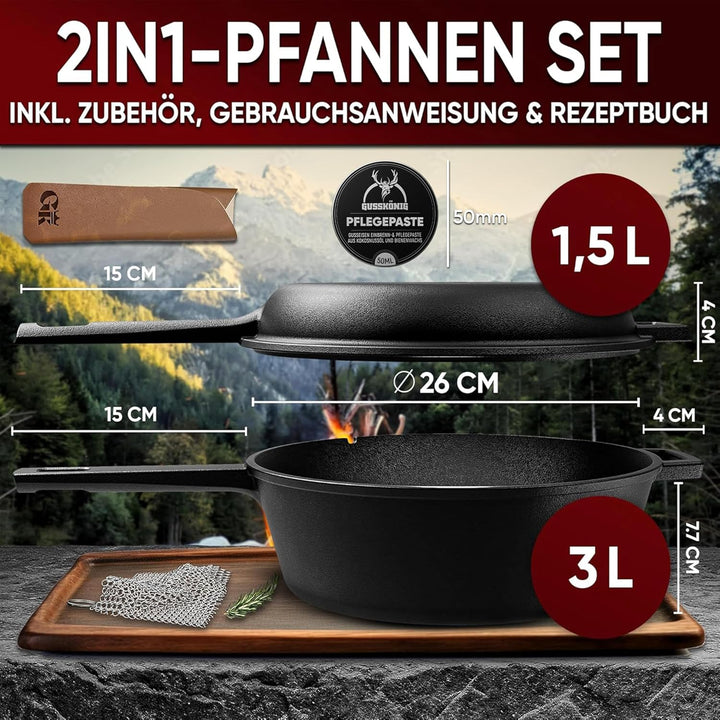 Dutch Oven - 2in1 Eingebrannter Gusseisen Topf 3L &amp; Gusspfanne 1,5L-Cast Iron Pot mit Schmortopf Dop
