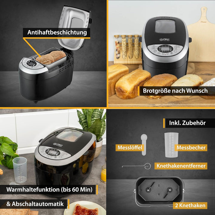 TZS First Austria Brotbackautomat mit 12 Automatikprogrammen, 700g-1000g-1250g Füllmenge, Timer, ein