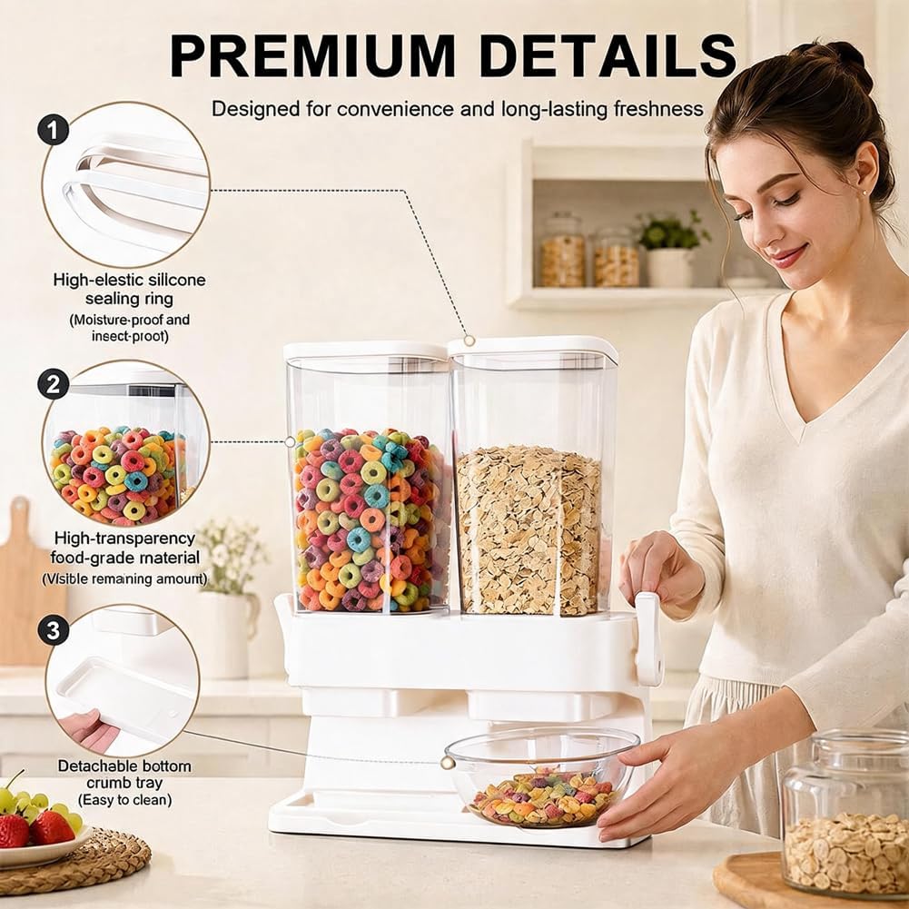 CEWEOM Cereal Dispenser, Pack of 2, Double 3L Airtight Cereal Storage Box for Organising the Kitchen