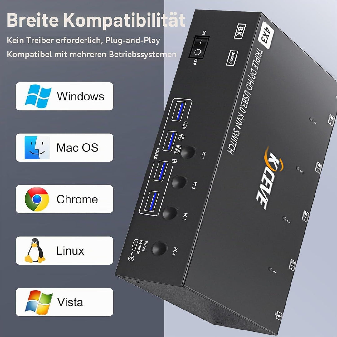 KVM Switch 3 Monitore 4 PC, Displayport HDMI USB 3.0 KVM-Umschalter für zwei Monitore, unterstützt 4