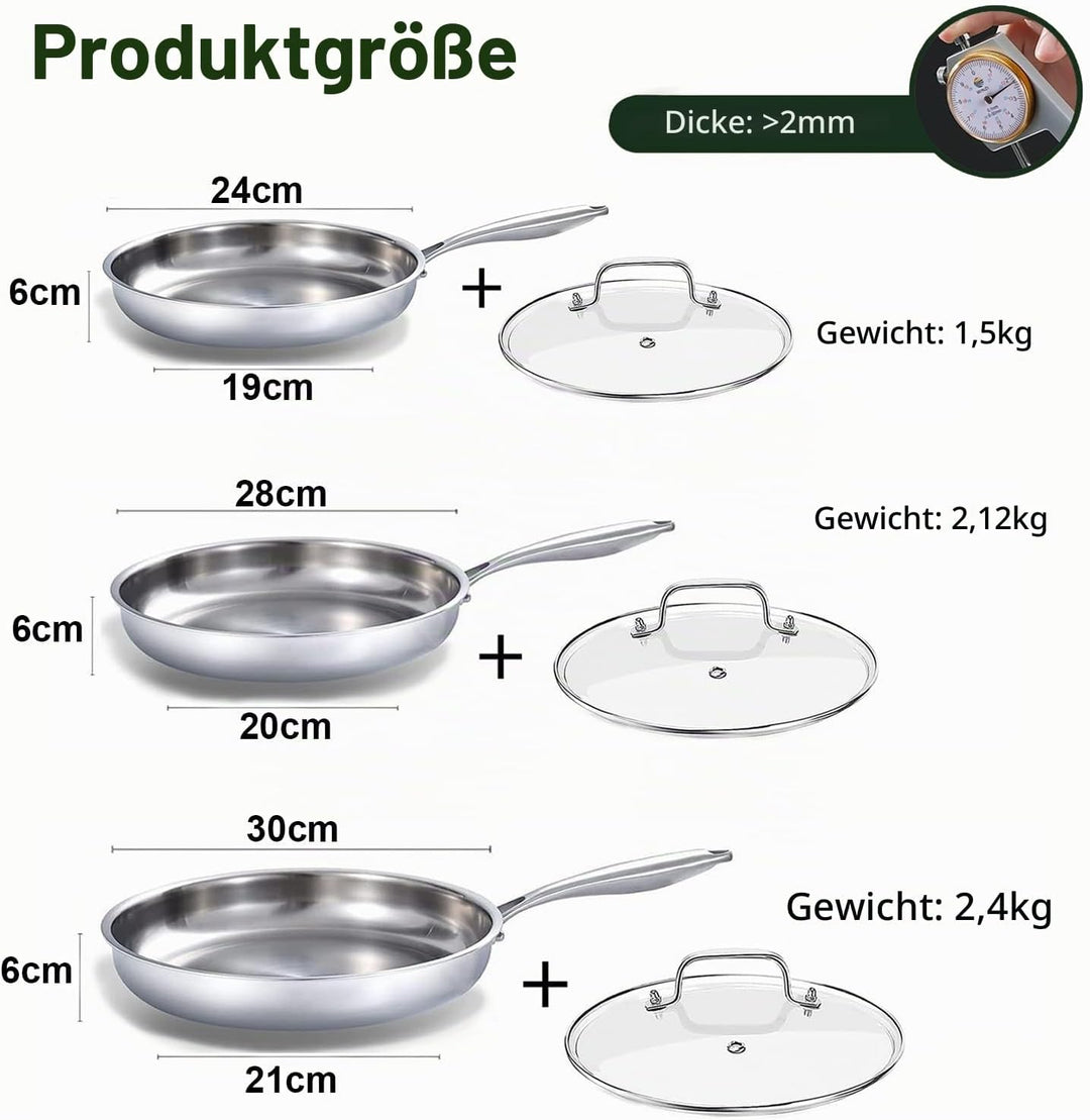 Edelstahlpfanne 20/28/30 cm mit 3 Deckeln