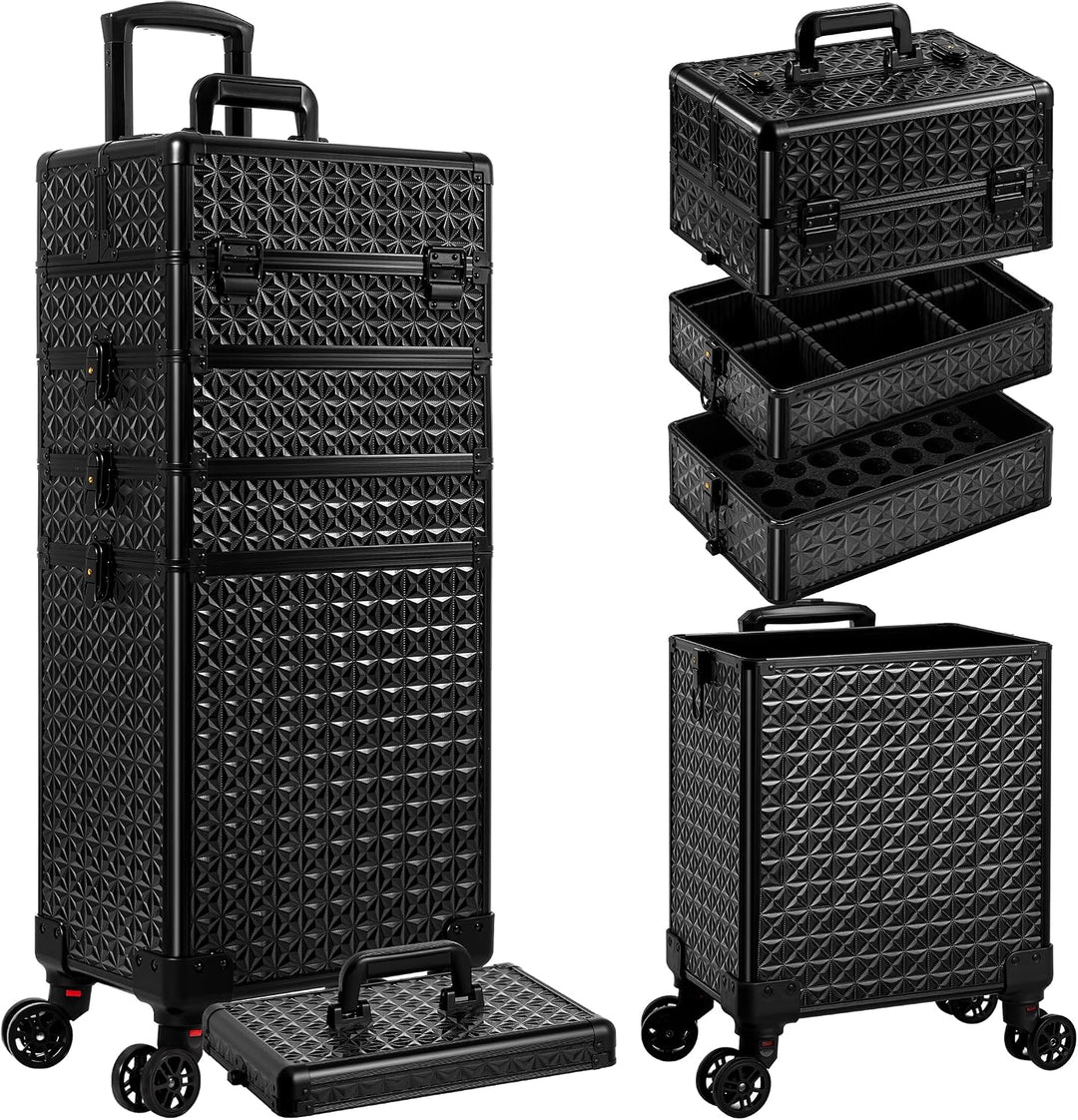Arous 5-in-1 Profi-Kosmetikkoffer, Aluminium, mit 360° drehbaren Rädern Schwarz, Schwarz