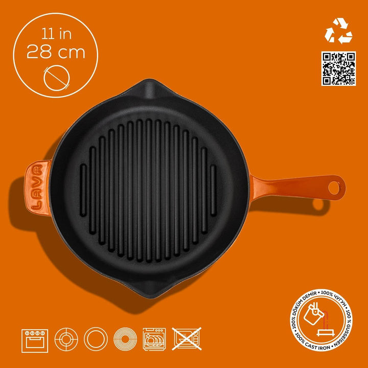 LAVA Lavagusseiserne Rundgrillpfanne 28 cm – emaillbeschichtet, mit gestreifter Grilloberfläche, Her