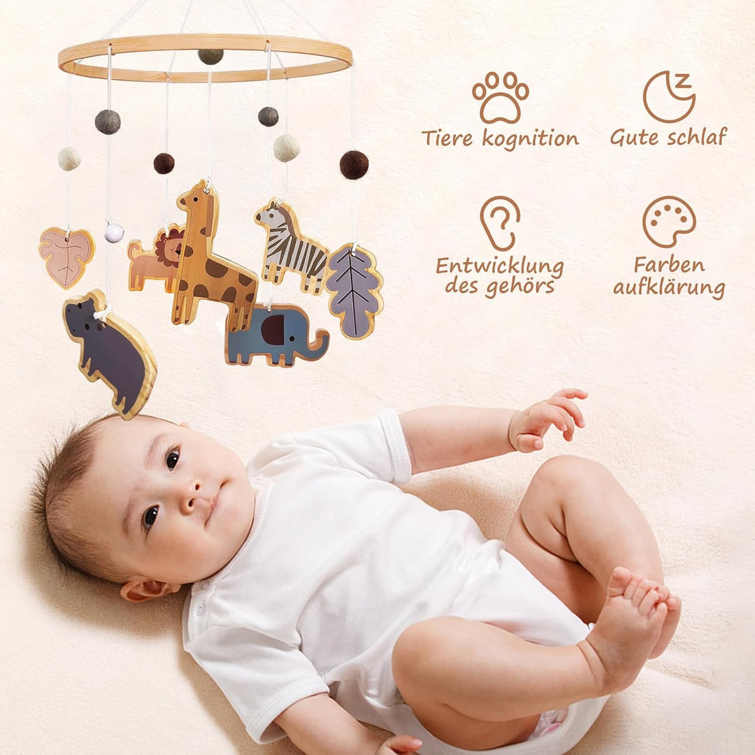 Mobile Baby Waldtiere, Holz Baby Mobile babybett spielzeug mit Wollknäuel Giraffe Löwe Elefant, Wind