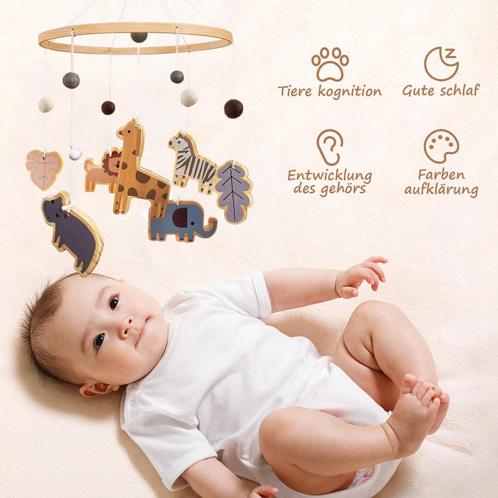 Mobile Baby Waldtiere, Holz Baby Mobile babybett spielzeug mit Wollknäuel Giraffe Löwe Elefant, Wind