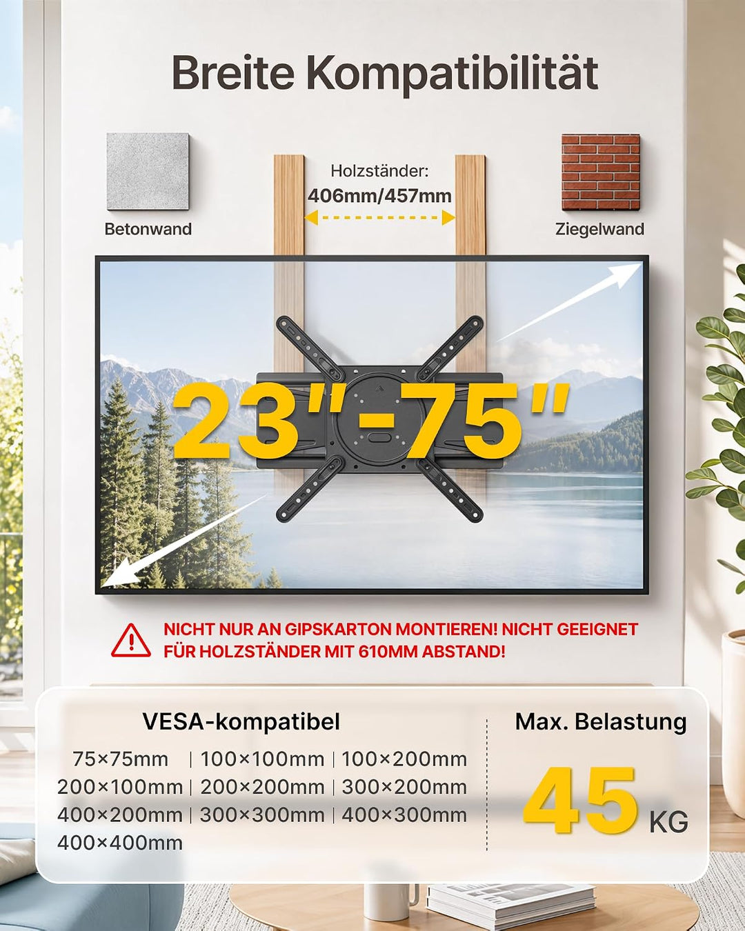 monTEK Ultra Slim TV Wandhalterung 23-75 Zoll bis 45kg, Max VESA 400x400mm 23"-75" TV / 1,3" Ultra-S