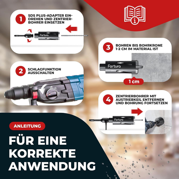 Fortura® Kernbohrer/Bohrkrone Ø42-162mm / 200mm Länge/SDS Plus/Dosenbohrer/Diamantbohrkrone/Bohrkron