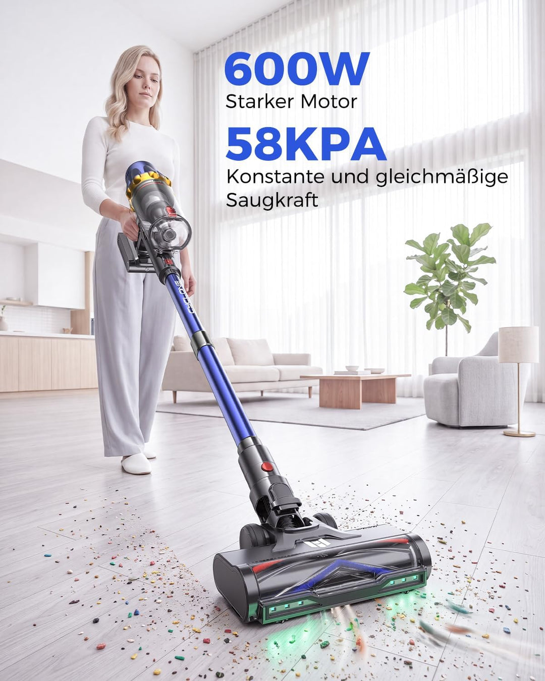 aonus Akku Staubsauger 60000Pa 650W 80Min Staubsauger Kabellos, Blau, Blau