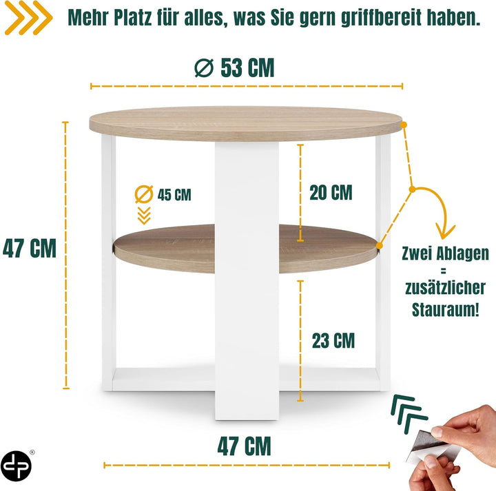 Couchtisch rund Ø53 cm - Kleiner Beistelltisch mit Ablage - Sonoma Eiche - 2 Ebenen, runder moderner