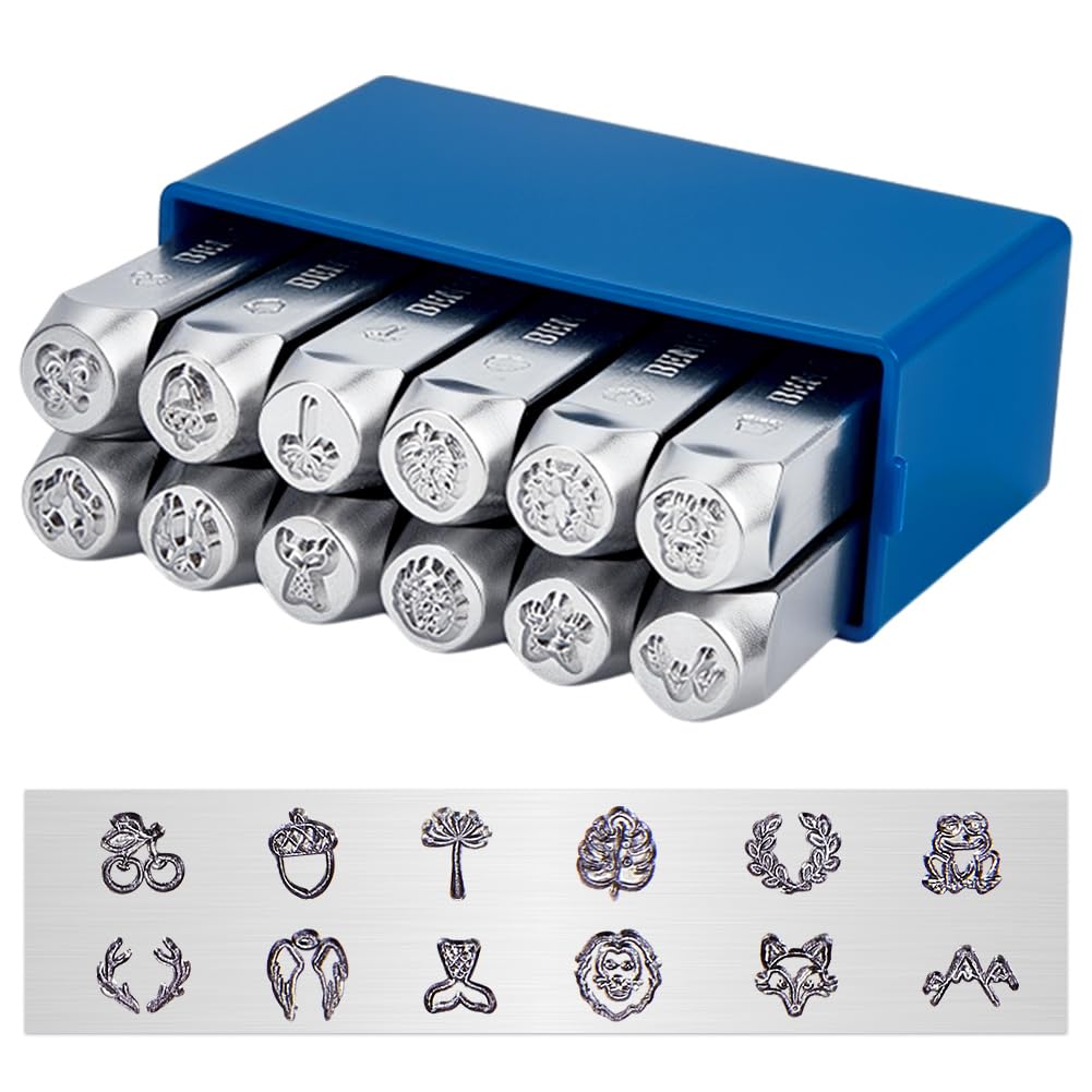 BENECREAT 12 Packs (6mm 1/4") Matte Design Metallstempelstanzen mit Werkzeugkoffer für Schmuck Leder