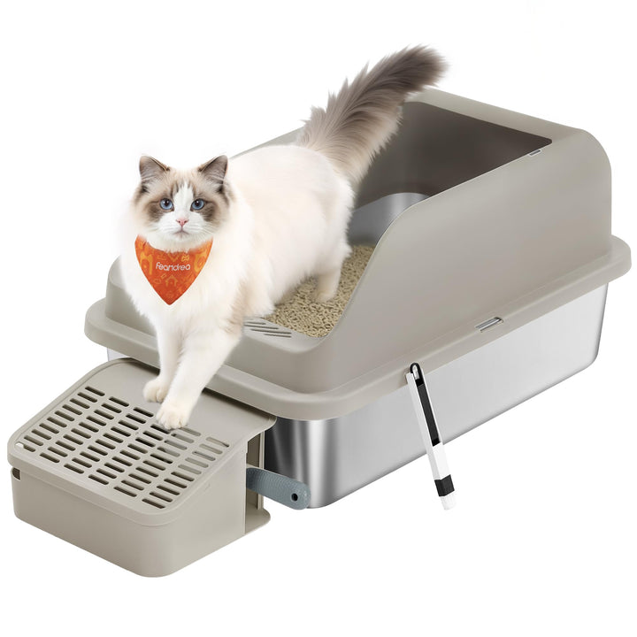 Feandrea Katzenklo Edelstahl XXL, Offene Katzentoilette mit Hohem Rand und Treppe, Geruchsneutral, m