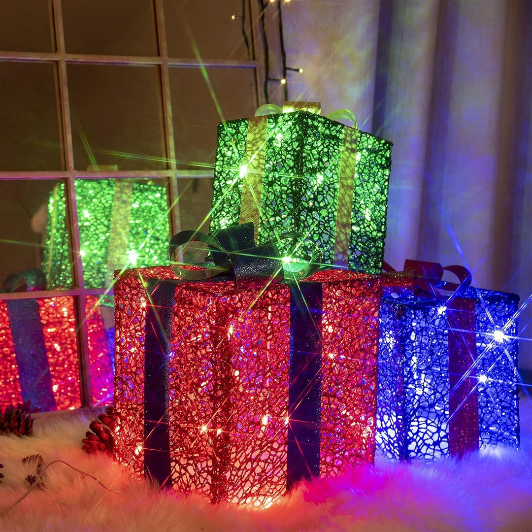 DELICHTER LED Weihnachtsdeko, 3× Rot/Grün/Blau Geschenkbox mit Schleifen Weihnachtsbeleuchtung für I