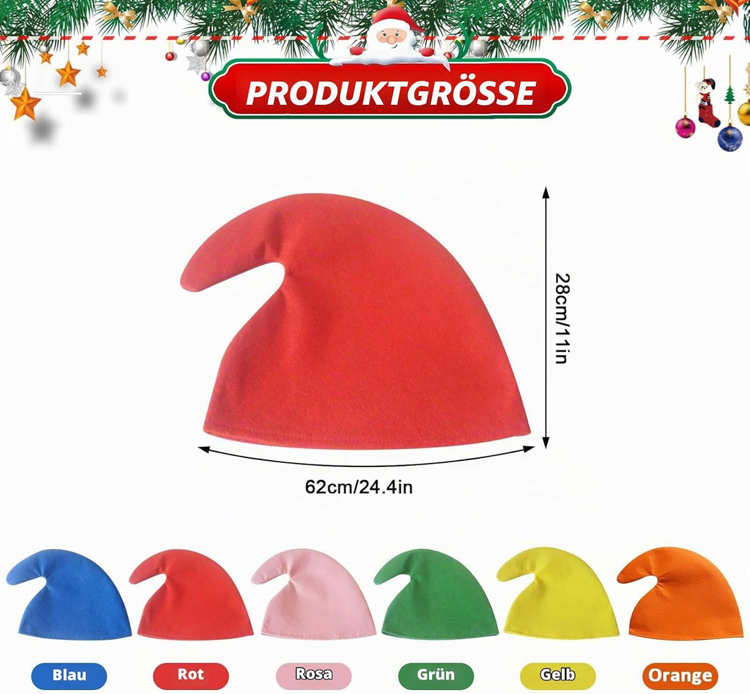 6 Stück Zwergenmütze für Erwachsene, Bunte Wichtelmützen Weihnachtsmann Zipfelmütze Zwerge Kostüm Gr