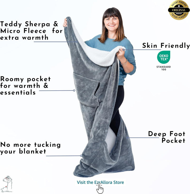 EzrAllora Premium Doppellagige Fusstaschen-Decke mit Beuteltasche – 170 x 101 cm – Sherpa-Fleece ext