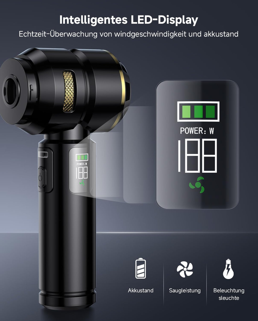Handstaubsauger, 26000Pa Akku Staubsauger Kabellos mit LCD Display Schwarz, Schwarz