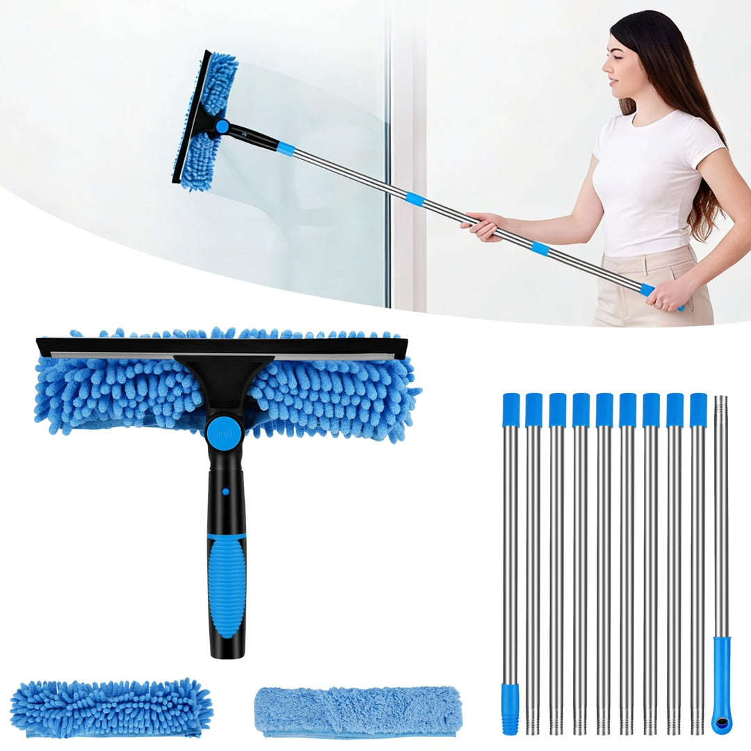Fensterwischer Teleskop 4.5m,2 in 1 Profi Extra Lange für Hohe Fenster,Blau | Fensterreiniger mit La
