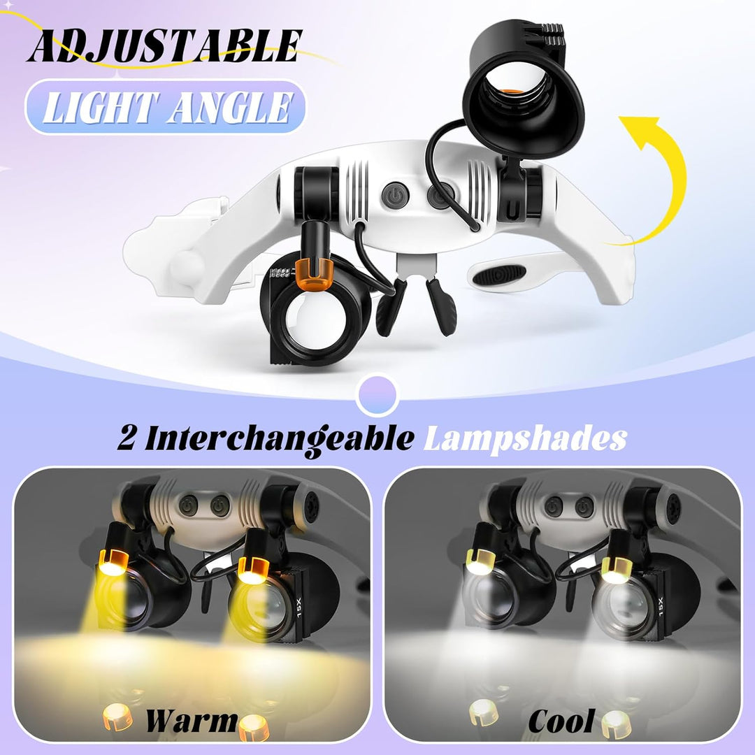 NZQXJXZ Lupenbrille mit Licht, 3X-15X Head Lupe mit LED Licht Weiss, Weiss
