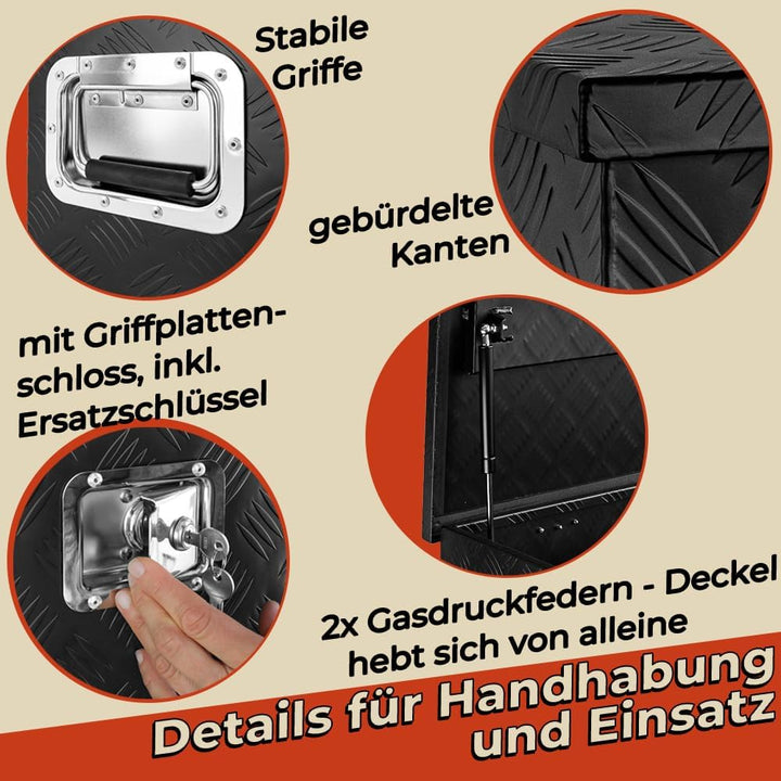 Trucky Deichselbox Schwarz Werkzeugkasten Truckbox Alu Box Anhänger Kiste mit Deckel Abschliessbar A