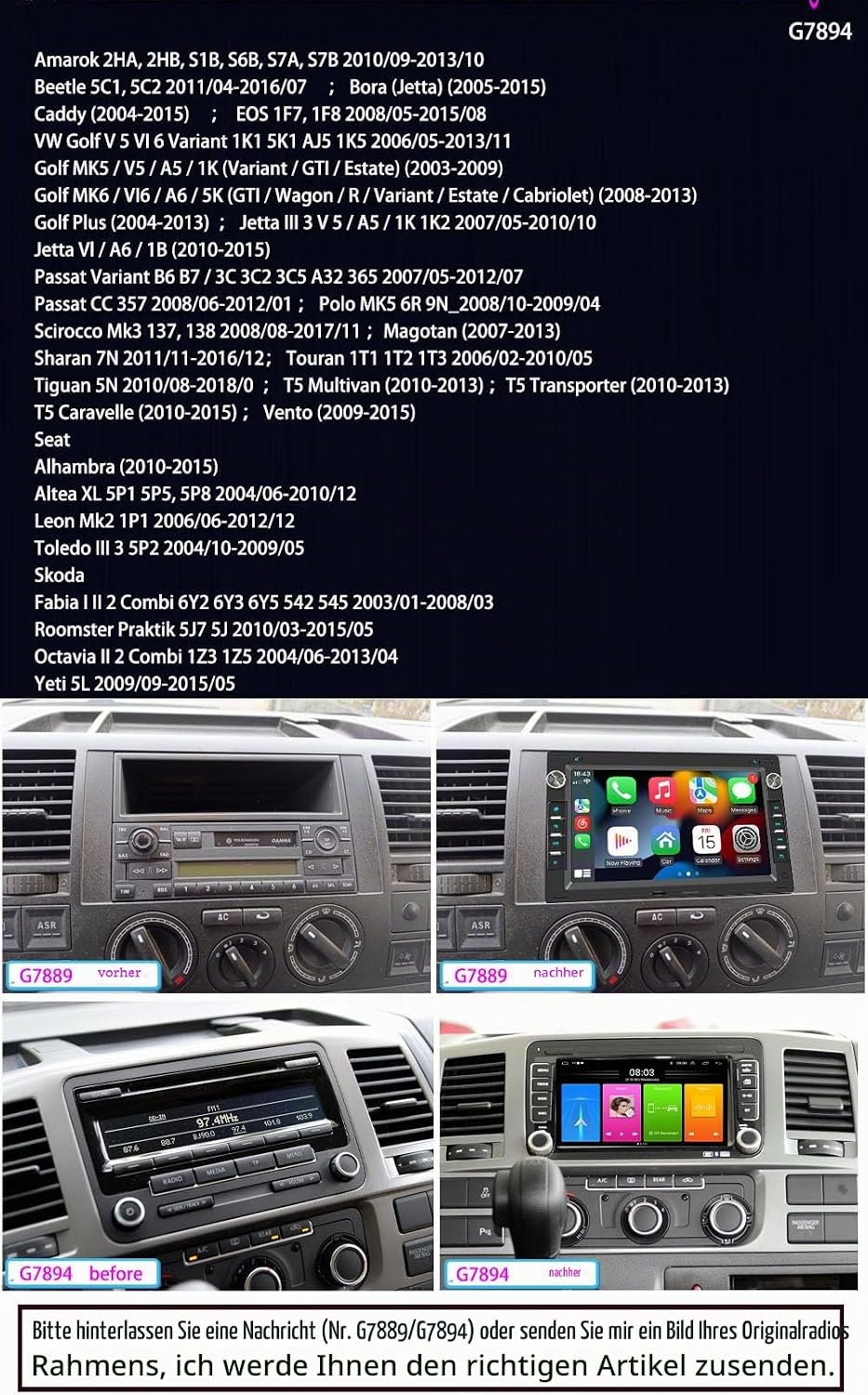 Android Autoradio mit Bildschirm+Bremslicht Rückfahrkamera für VW Multivan V T5 Transporter IV V,7 Z