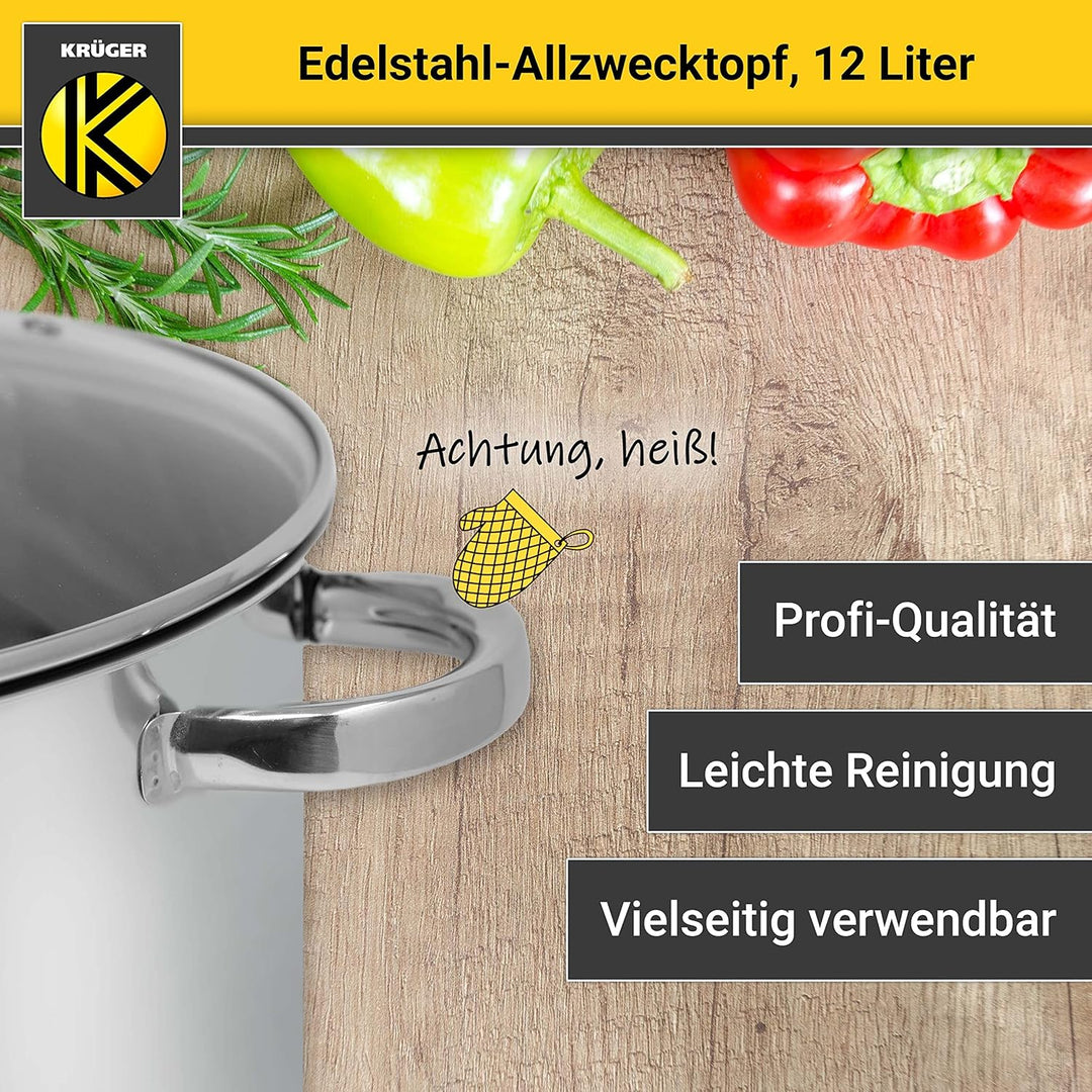 Krüger Edelstahl-Allzwecktopf - Kochtopf mit Deckel zum Sichtkochen - energiesparender Kapselboden -