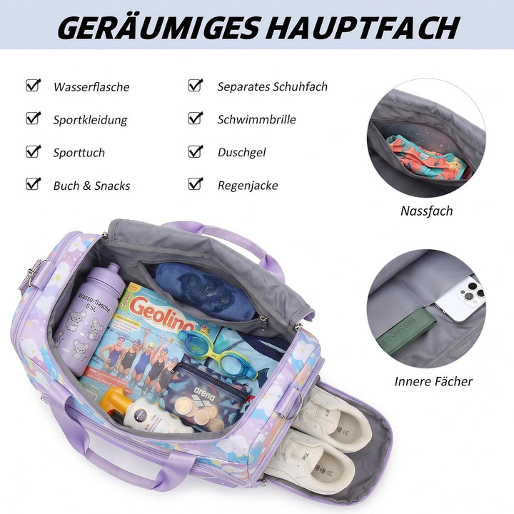 Suweir Kinder Sporttasche, Mädchen Reisetasche mit Schuhfach &amp; Nassfach Einhorn Regenbogen Lila, Ein