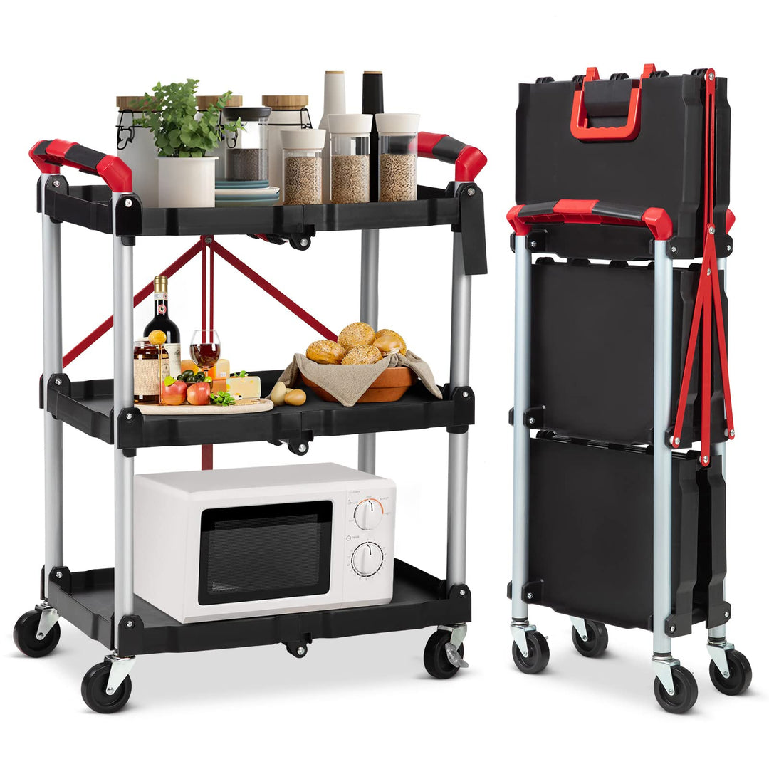 Towallmark Klappbar Servierwagen mit Rollen, 3 Etagen klappbar Rollwagen Küchenwagen 60x38x83cm Trag