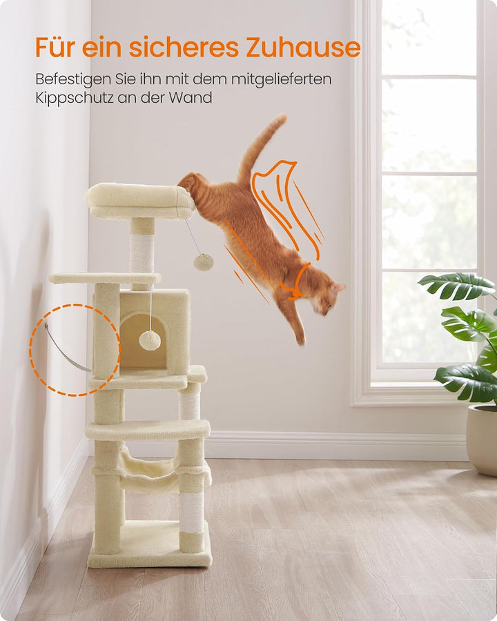 Feandrea Kratzbaum, 112 cm hoch, Katzenbaum, mehrstöckiges Katzenhaus, mit 4 Kratzsäulen, 2 Plattfor