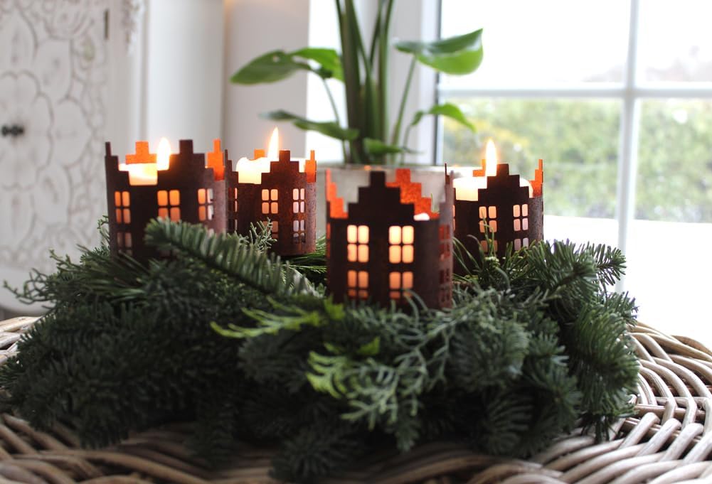 LB H&amp;F 4er Set Adventskranzstecker HÄUSER Deko Kerzenhalter Advent Rost Metall Weihnachten KERZENSTE