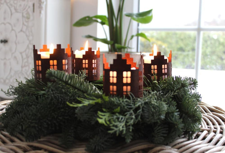 LB H&amp;F 4er Set Adventskranzstecker HÄUSER Deko Kerzenhalter Advent Rost Metall Weihnachten KERZENSTE