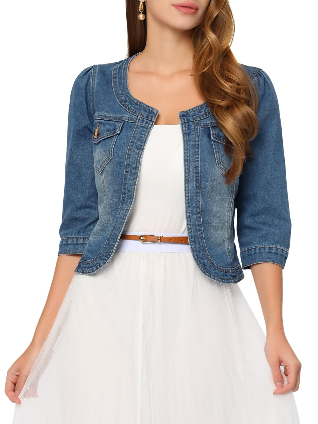 Allegra K Damen Jeansjacke Kurz 3/4 Ärmel Open Front Kragenlos Jacke mit Taschen S Blau, S Blau
