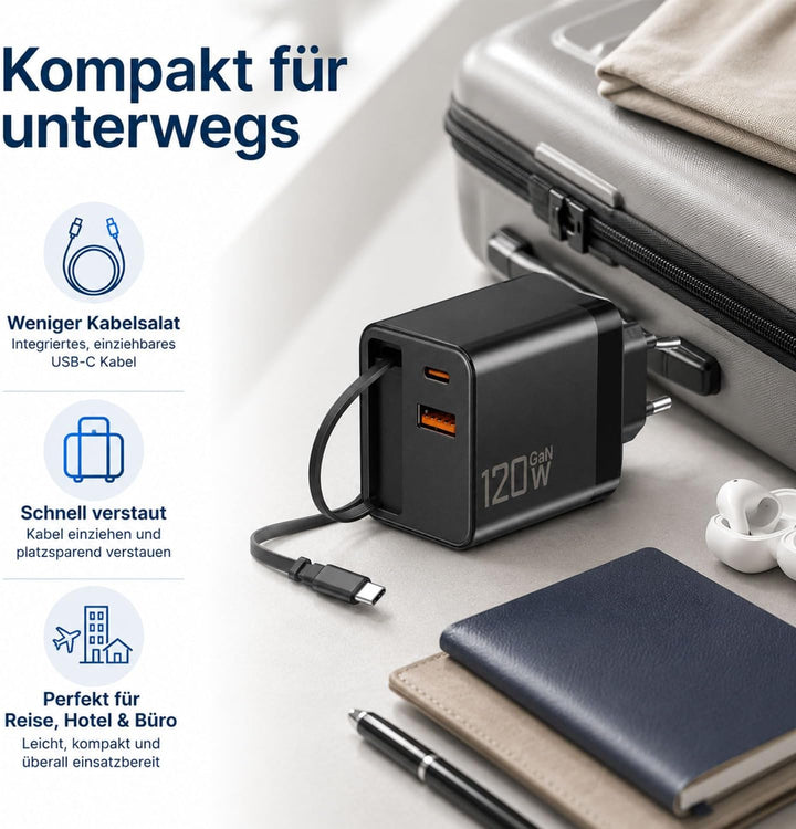 ERBO USB C Ladegerät 120W GaN, Schnellladegerät mit Einziehbarem Ladekabel, USB-C Kabel, 3-Port USB-