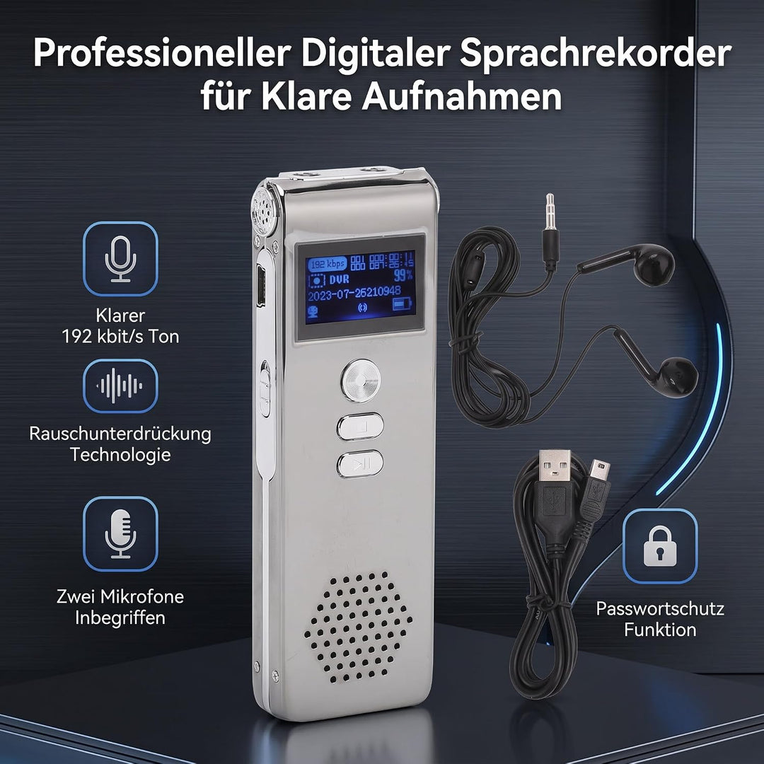 Ejoyous Diktiergerät, 300 MAh, Digitalrekorder, Dual-Mikrofon, 192 KBit/s Bitrate, Einfache Bedienun