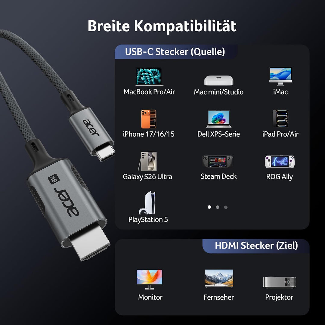 Acer USB C auf HDMI 2.1 Kabel 8K@60Hz 1m, 4K@240/144/120Hz Typ-c Thunderbolt 3/4/5 zu HDMI Adapter k