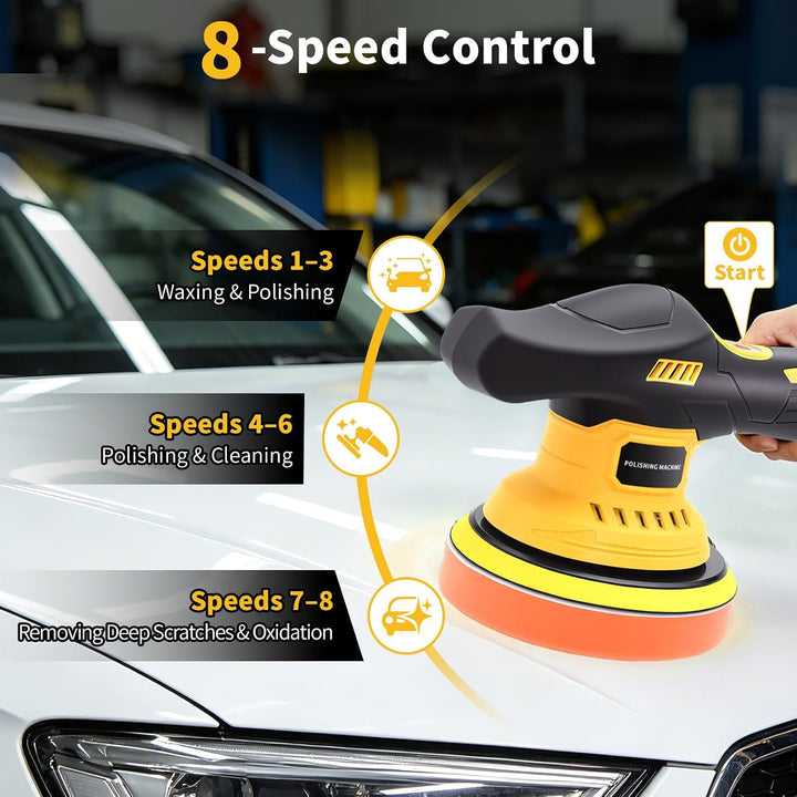 Akku Poliermaschine Auto Set mit 2×2000mAh Batterien 9 Polierpads 8 Geschwindigkeitsstufen Exzenter