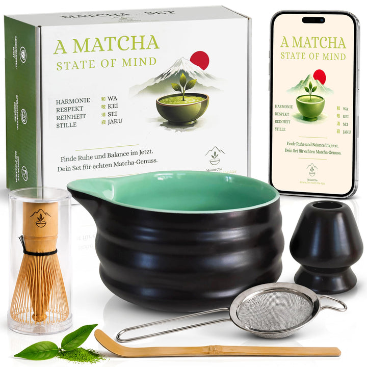 Premium Matcha Set 5-teilig | Matcha Zubehör Set mit Schale, Bambusbesen, Besenhalter, Matcha Löffel
