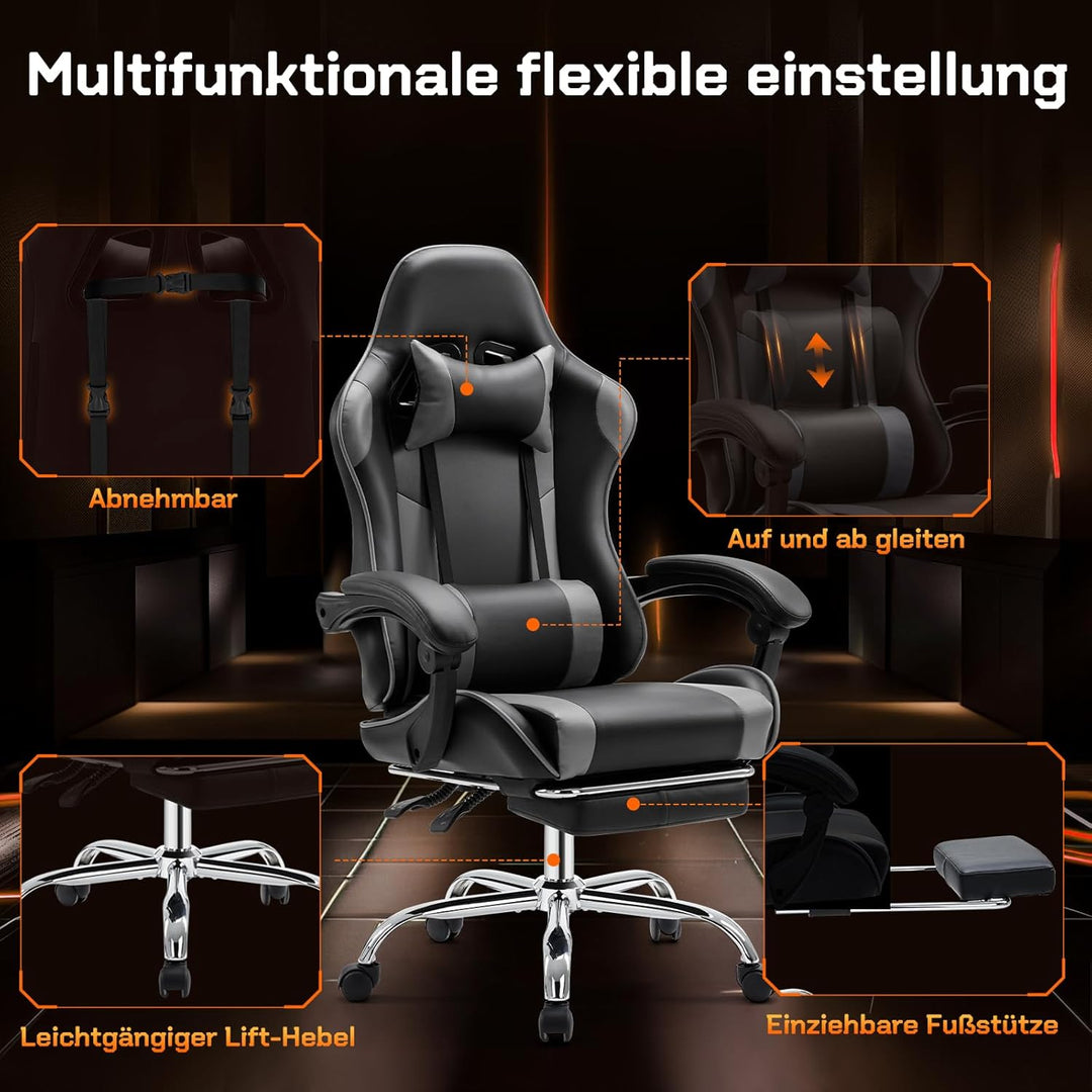Sweetcrispy Gaming Stuhl,Ergonomischer Bürostuhl mit Fussstütze,Gamer PC Stühle mit Kopfstütze Lende