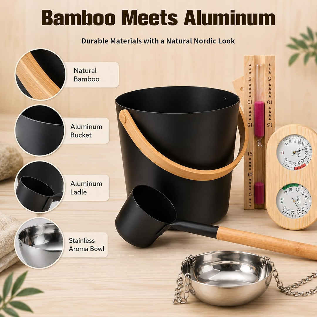 5 Stck 7L Sauna Eimer - Sauna Zubehör mit Kelle, Sanduhr, Aromaschale