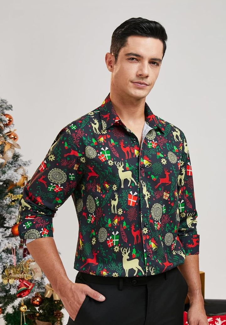 HISDERN Weihnachtshemden für Herren, langärmelig, Button-Down-Shirt, Urlaub, lustige Weihnachts-Shir