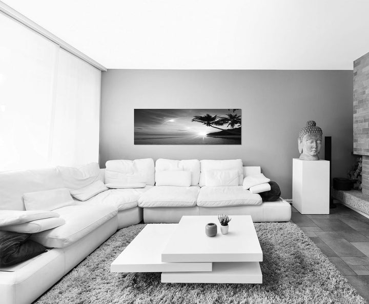Leinwandfoto als Panorama SCHWARZ/Weiss 150x50cm Strand Meer Palmen Sonnenuntergang