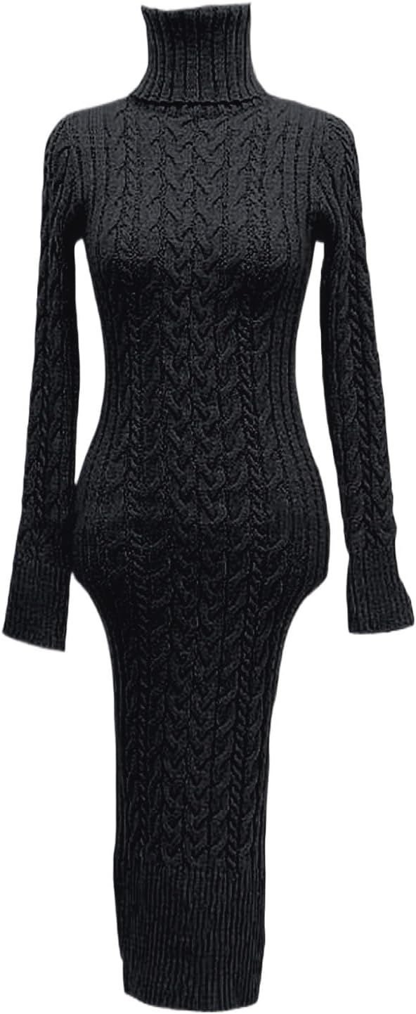 Generisch 2025- für Damen gestrickte figurbetonte Midi-Pullover-Kleider Cardigan Mit Damen (Black L)