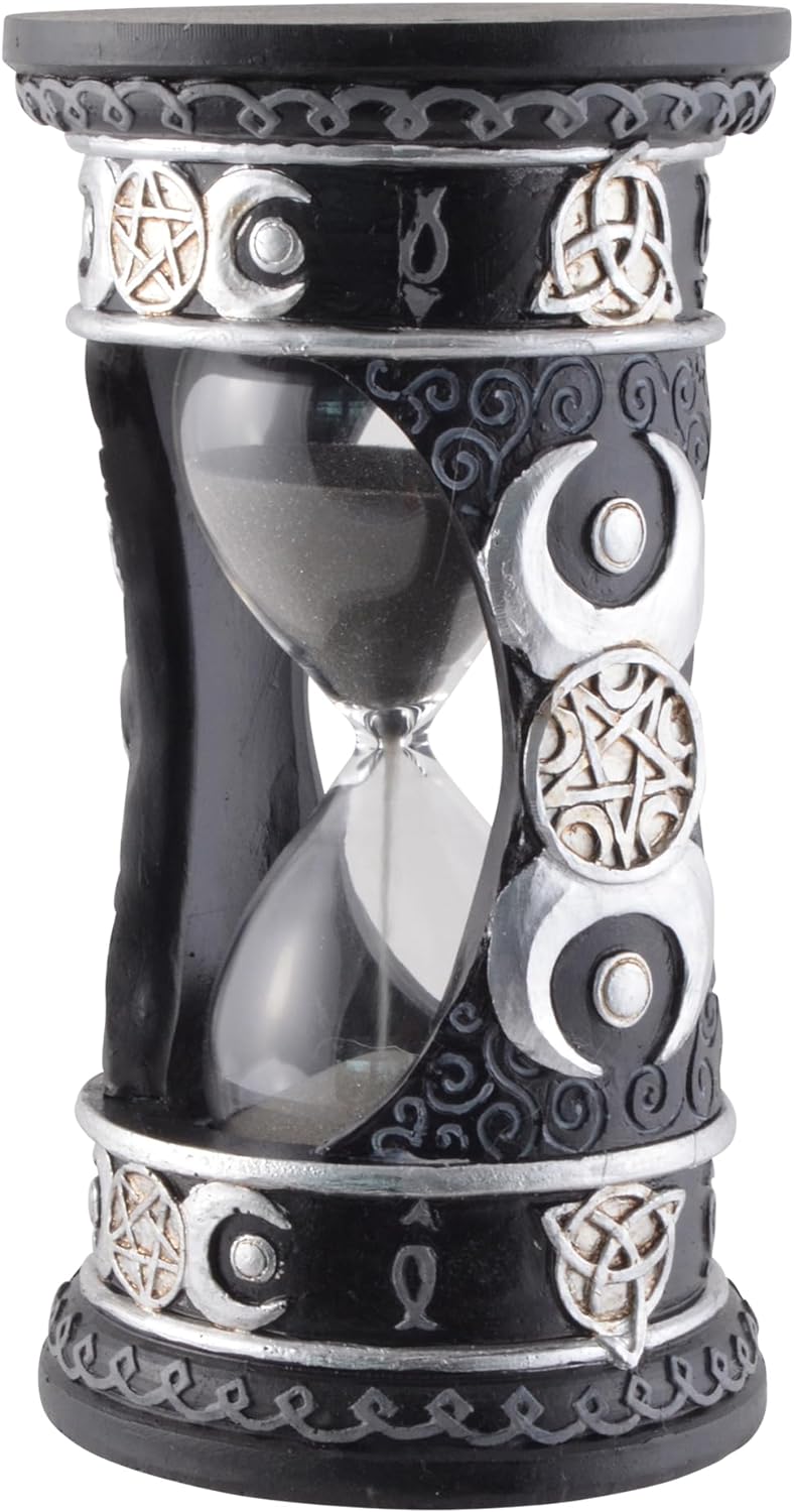 Wicca Sanduhr Silber-schwarz mit schwarzem Sand, aus Kunststein angefertigt und von Hand bemalt