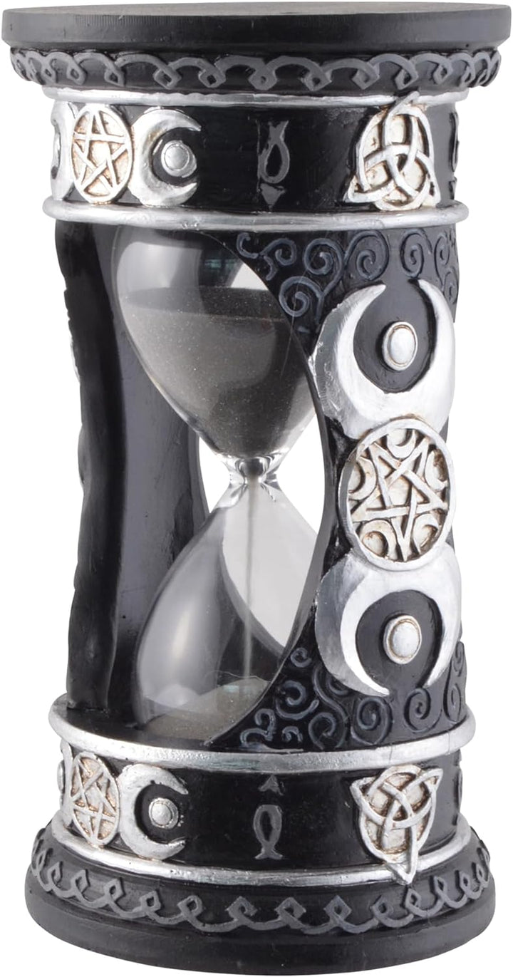Wicca Sanduhr Silber-schwarz mit schwarzem Sand, aus Kunststein angefertigt und von Hand bemalt