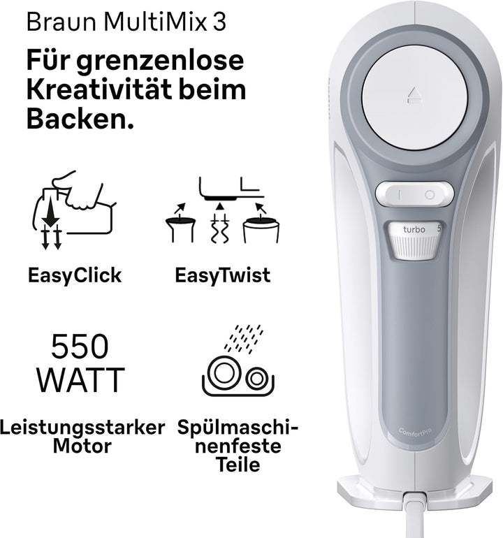 Braun MultiMix 3 - Handmixer mit 4 Zubehörteilen, 550 Watt, Weiss