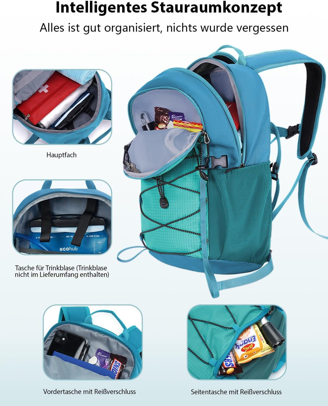 ECOHUB Leichter Atmungsaktiver Wanderrucksack mit Vielen Fächern aus PET Blaugrun, Blaugrun