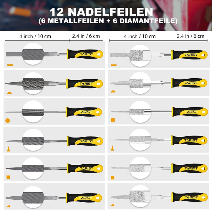 TARIST Feilenset Metall 17tlg mit Werkzeugtasche, inkl 12 Nadelfeilen, 4 Metallfeilen, 1 Stahlbürste