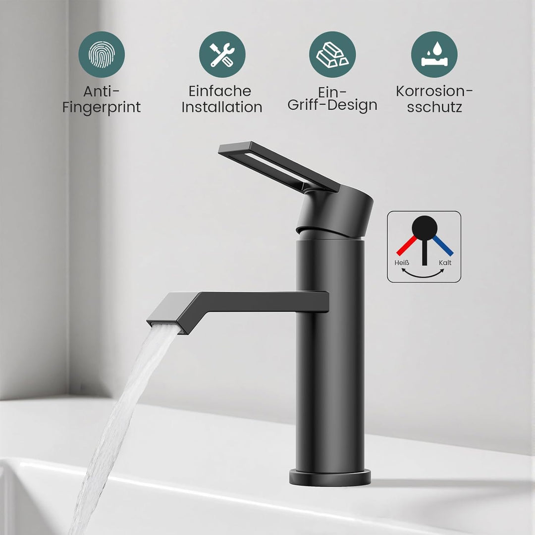 Wasserhahn Bad Waschtischarmatur Schwarz Matt, HURRAN Waschtischarmaturen Wasserhahn Badezimmer, Ede