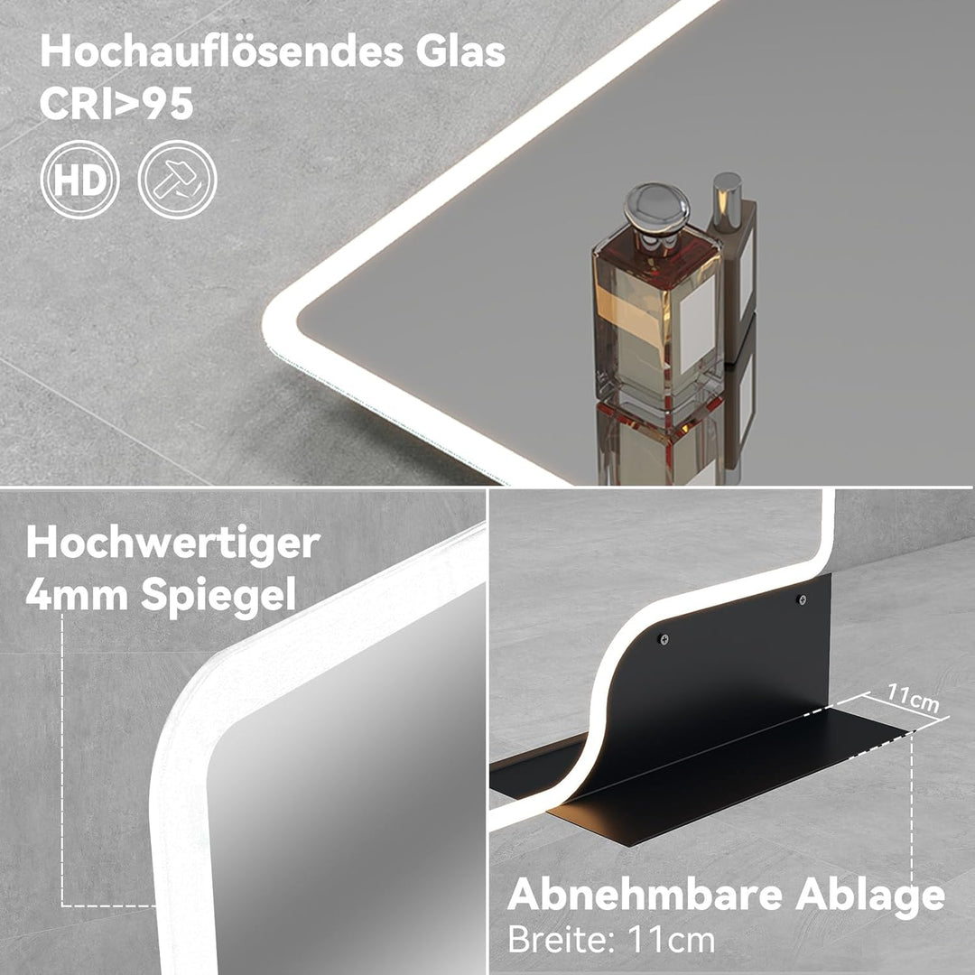 YOURLITE Badspiegel mit Beleuchtung und Ablage 80x60cm, Badezimmerspiegel mit Ablage, LED Badspiegel