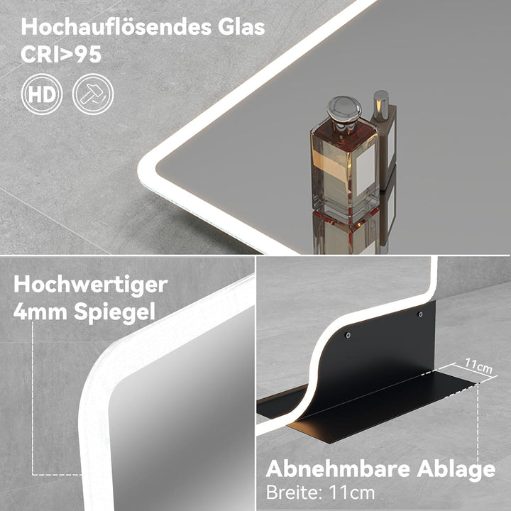 YOURLITE Badspiegel mit Beleuchtung und Ablage 80x60cm, Badezimmerspiegel mit Ablage, LED Badspiegel