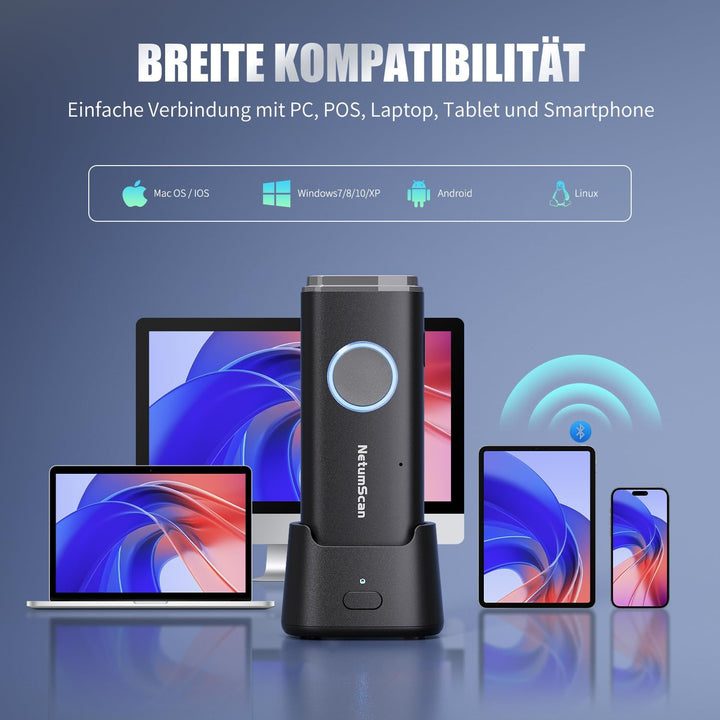 NetumScan Bluetooth-1D/2D/QR Tragbar Barcodescanner mit Ladestation U820 Scannt Data Matrix/EAN, kom