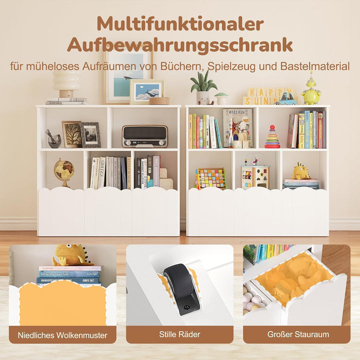 YOUDENOVA 3 Tier Kinderregal, Bücherregal, Kinderzimmer Möbel, Spielzeug Aufbewahrung auf Rollen, 10
